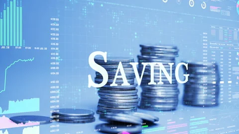 Saving text on coins stack increase with business data hologram. Stock Footage 281225071