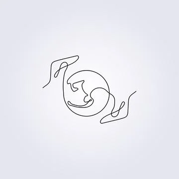Saving world abstract hand and earth globe drawn line continuous simple icon  Stock Illustration