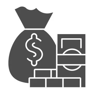 Savings and paper banknotes solid icon. Bag with dollar and banknote stacks Stock Illustration