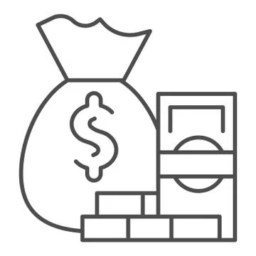 Savings and paper banknotes thin line icon. Bag with dollar and banknote stacks Illustrazione stock