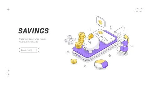 Savings banner template. Isometric vector illustration of a woman managing pe Stock Illustration