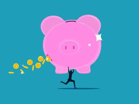 Savings decrease the value of money. Businessman holding a big piggy bank tha Stock Illustration