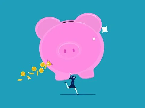 Savings decrease the value of money. Businesswoman holding a big piggy bank t Stock Illustration
