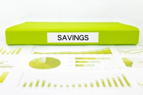 Savings documents, graphs and report summary for budget management Stock Photos
