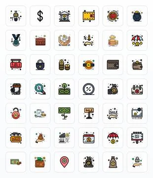 Savings Vector Graphics Pack including 42 Filled Line 128x128 Pixel Aligned.. Stock Illustration