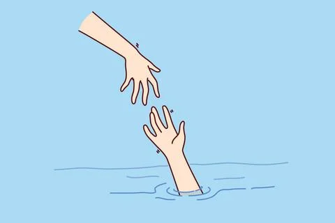 Savior hand helps drowning man get out of water, for concept getting into Stock Illustration