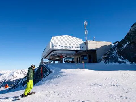 Savognin: region, snow-covered mountains and ski slopes Stock Photos
