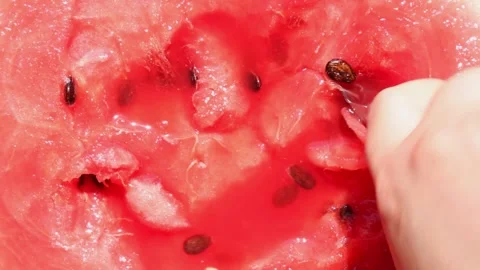 Savoring a refreshing summer snack: scooping juicy watermelon with a spoon Stock Footage 280681253