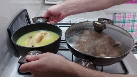 Savory Combo: Chicken Broth Crispy Fried Pork Video stock 304131867