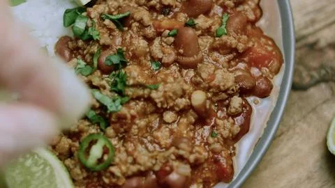 Savory recipe study of restaurant-style chili con carne presentation 스톡 사진