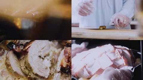 Savory textured food: multi-panel bacon wrapped pork preparation Stock Footage 342186616