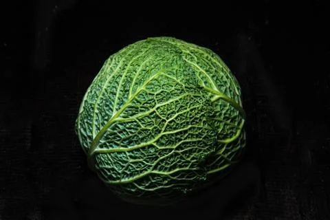Savoy cabbage on a dark background close-up. Leaf, agriculture. Stock Photos