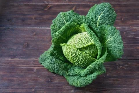 Savoy cabbage head on dark rustic table. Free space for text Stock Photos