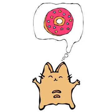 Savoyar the Cat Thinking Dreaming About Donuts. Love Donut. Cute Cheerful Fun Stock Illustration