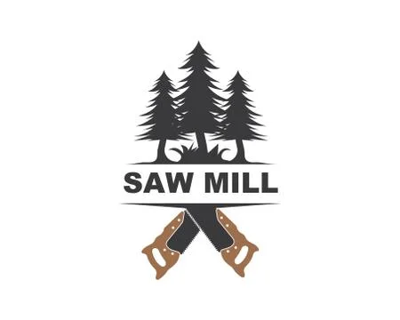 Saw and pines tree vector logo icon of saw mill wooden Stock Illustration