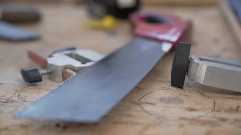 A saw and various tools on a workshop slow motion Video stock 149127285