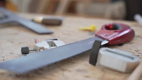 A saw and various tools on a workshop slowmotion Video stock 149127310