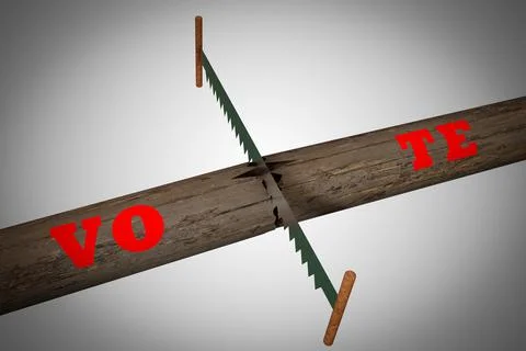 Saw cuts a trunk vote demonstrating Divided vote concept. 3D illustration Illustrazione stock