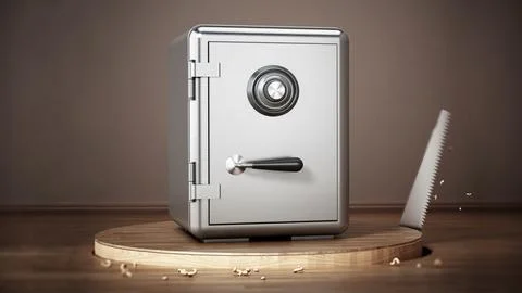 Saw cutting parquet surface with a closed steel safe. 3D illustration Ilustración de archivo