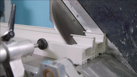 Saw for cutting PVC profile - Plastic windows manufacture Video stock 40541263