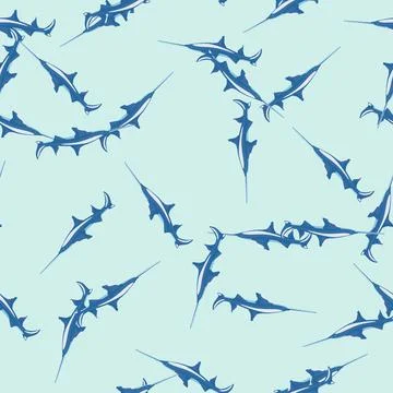Saw shark seamless pattern in scandinavian style. Marine animals background.  스톡 일러스트