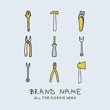 Saw, wire cutters, adjustable wrench, hammer, screwdriver, ax in trendy colors 스톡 일러스트