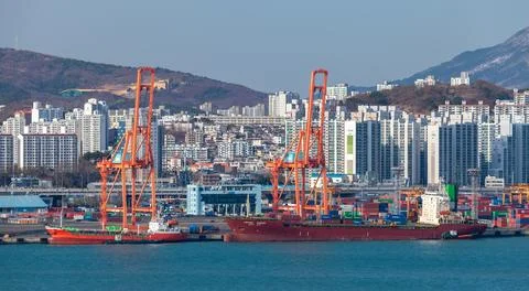 Sawasdee Bangkok container ship loading is in progress, Busan port Stock Photos