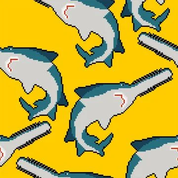 Sawfish pixel art pattern seamless. 8 bit marine predator saw fish background Illustrazione stock