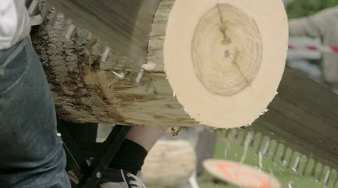 The sawing of a big log from a competition Stock Footage 49625253