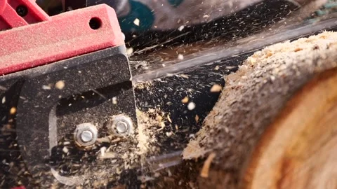 Sawing a log with a chainsaw close up slow motion Stock-Footage 236023158