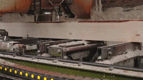 Sawing logs at a sawmill. The process of processing wood on a sawmill Stock Footage 166386470