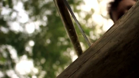 Sawing Tree Branch in Slow Motion from Low Angle Stock Footage 140619913