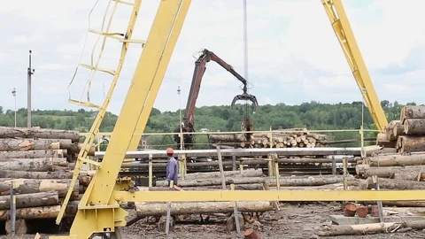 Sawmill. The crain is moving. Stock Footage 74430398