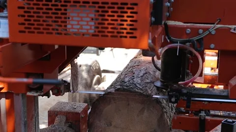 Sawmill lumber production tree trunk being cut into planks Stock Footage 134682143
