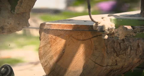 Sawmill machine cutting down a tree branch into a wooden beam Stock Footage 64918447