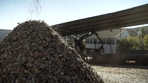Sawmill machine picks up logs whilst wood chips fall in a pile  Stock Footage 141308398