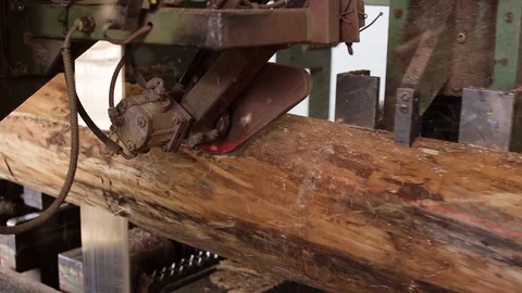 Sawmill - Process Of Machining Logs In Wood -  Cutting - Sawing Machine Stock Footage 90418502