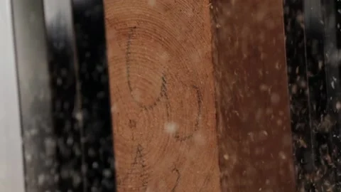 Sawmill saws slow-motion processing of wooden beams Video stock 157291196