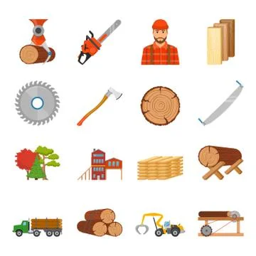 Sawmill Timber Icon Set 스톡 일러스트