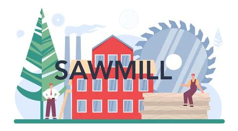 Sawmill typographic header. Frame saw operator as a forestry production 스톡 일러스트