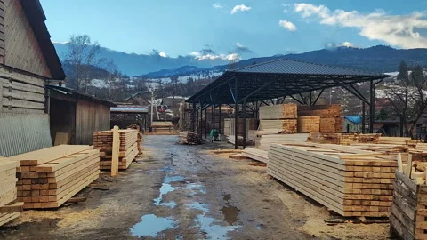 Sawmill. Wood warehouse. Wood processing. Furniture manufacture. Stock Footage 169547895
