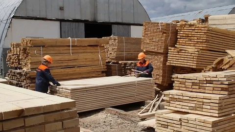 Sawmill. The worker puts the boards. Stock Footage 74430615