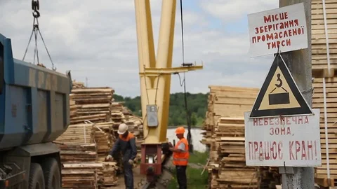 Sawmill. Workers put boards. Sign "DANGER" Video stock 74430617