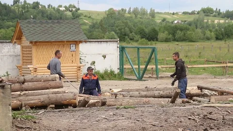 Sawmill. Workers turn over logs Video stock 74430374