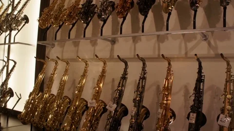 Saxofones In Stand Stock Footage 97368072