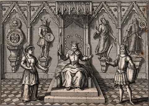 Saxon deities after which days of the week were named: Sun, Moon, Tuisco, W.. Stock Illustration