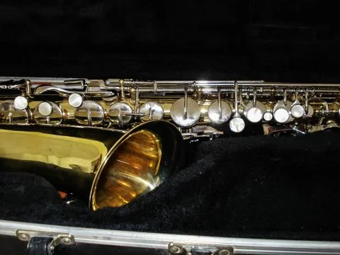 Saxophone on case, ready to play Stock Photos