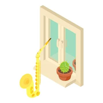 Saxophone icon isometric vector. Wind musical instrument near window with flower Stock Illustration