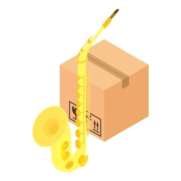 Saxophone icon isometric vector. Wind musical instrument near closed parcel box Illustrazione stock