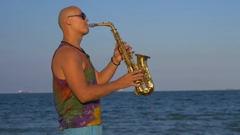 Saxophone player Slow Motion Romantic Stock Footage 94043577